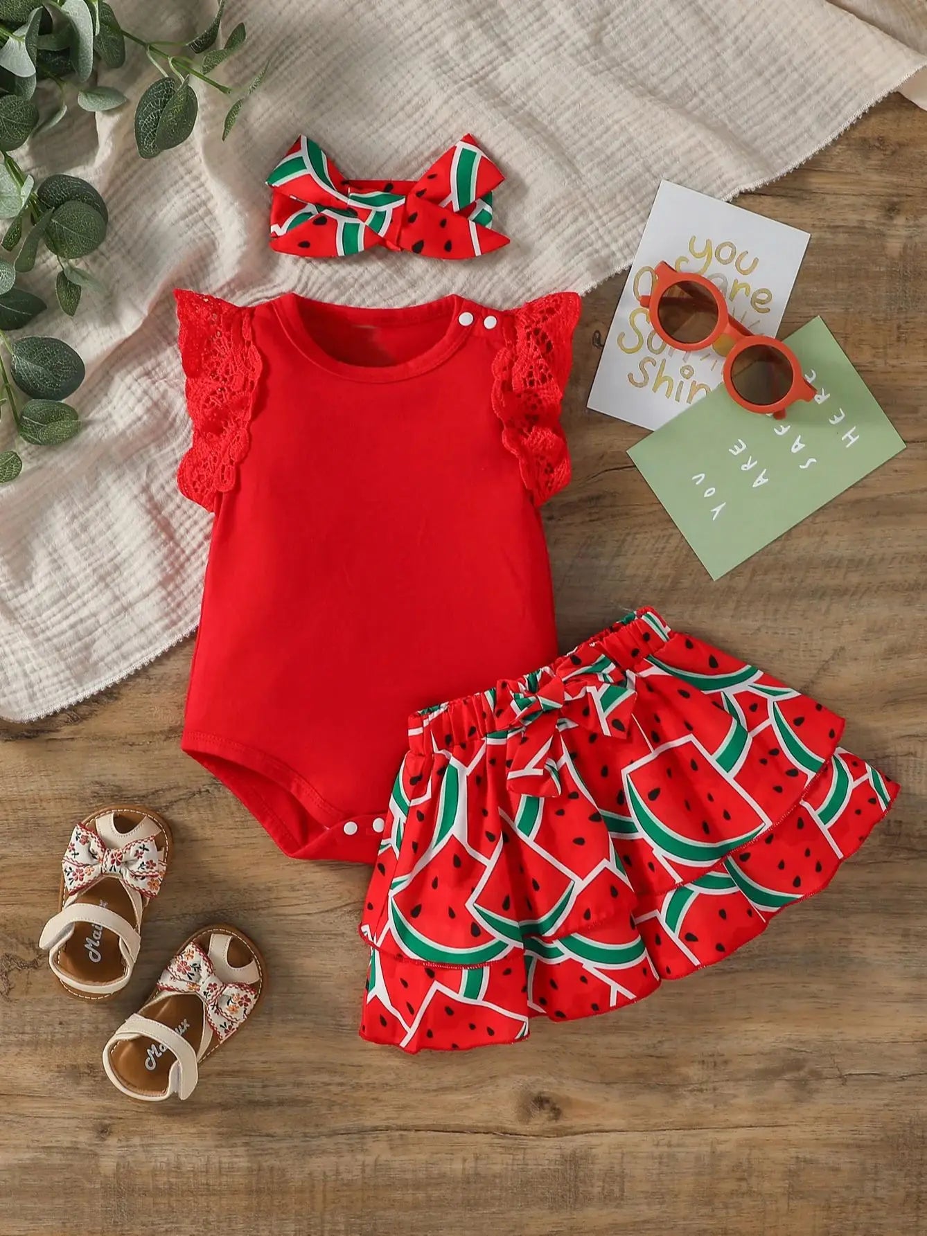 Baby Girl Watermelon Outfit – Sleeveless Summer Shirt Set