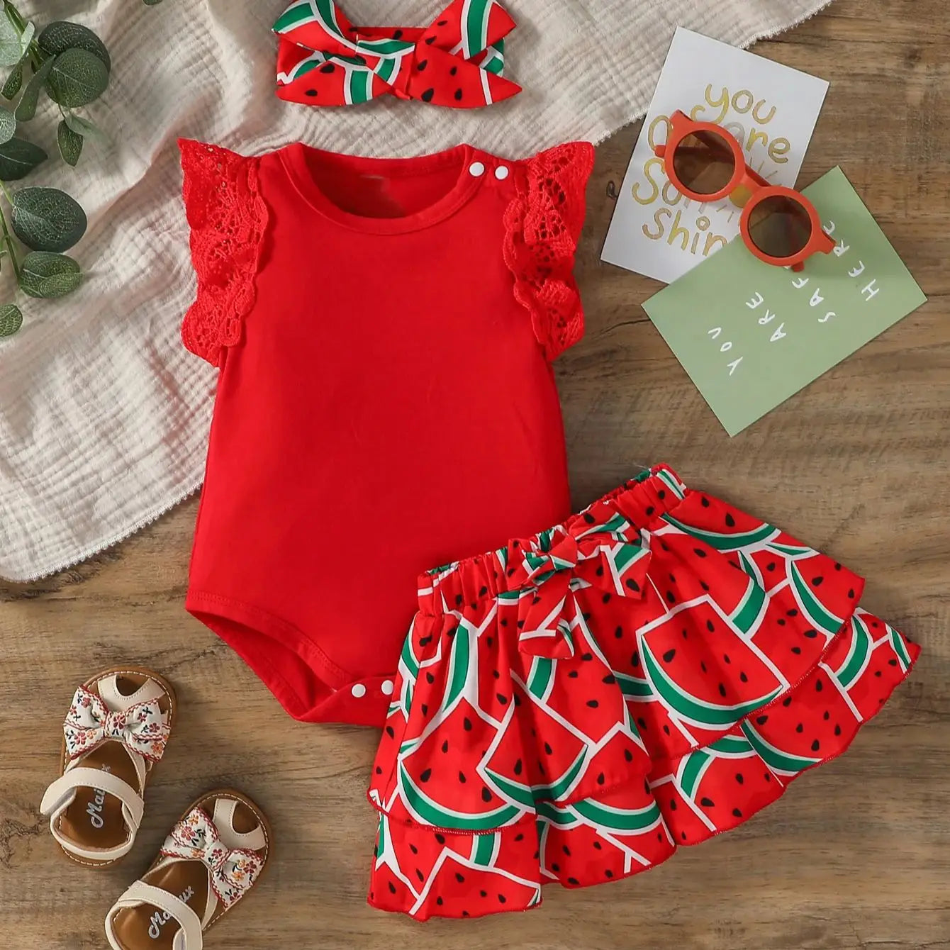 Baby Girl Watermelon Outfit – Sleeveless Summer Shirt Set