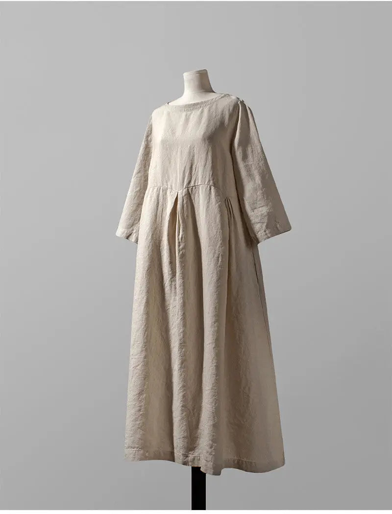 Loose Cotton Linen Dress – Mori Style Knee-Length Pullover