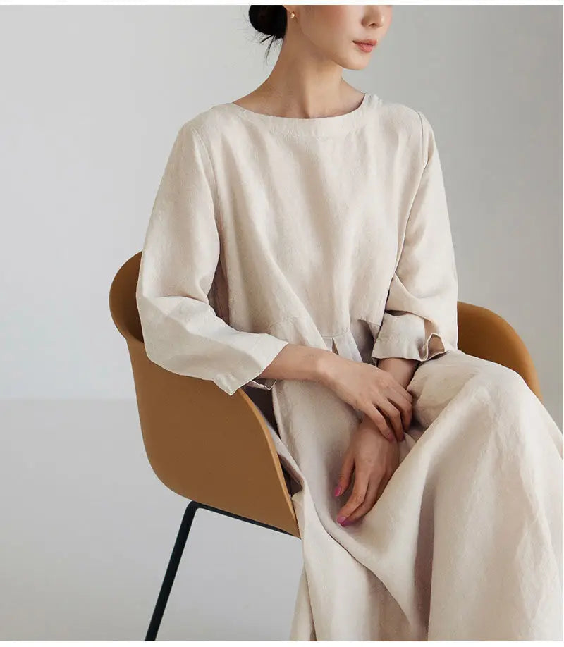 Loose Cotton Linen Dress – Mori Style Knee-Length Pullover