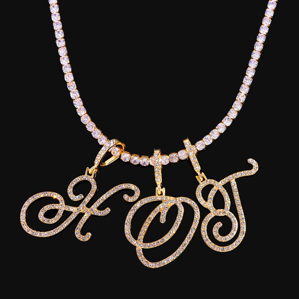 Cursive Letter Name Necklace – CZ Alphabet Pendant Hip Hop Jewelry