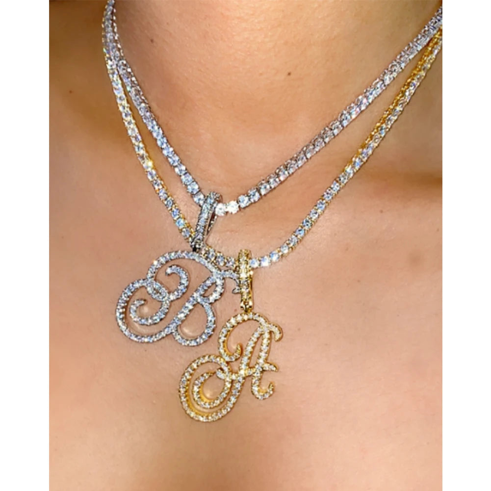 Cursive Letter Name Necklace – CZ Alphabet Pendant Hip Hop Jewelry