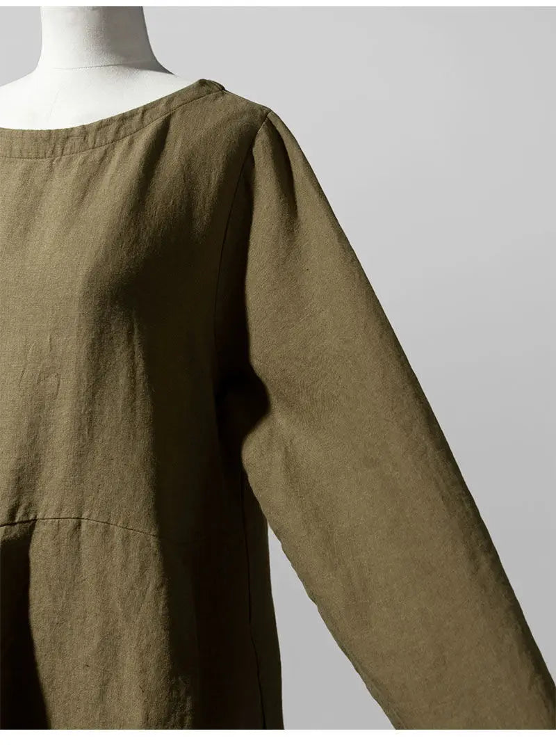 Loose Cotton Linen Dress – Mori Style Knee-Length Pullover