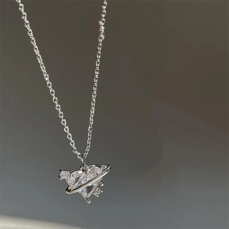 Y2K Pink Planet Heart Zircon Pendant Necklace – Aesthetic Clavicle Jewelry for Women