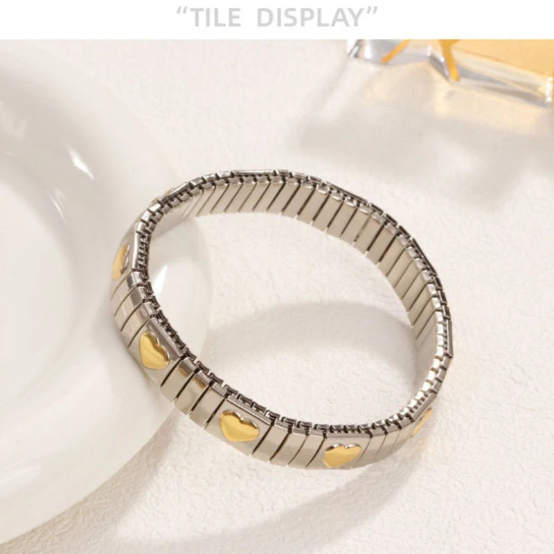Loe Titanium Steel Gold Plated Heart Elastic Bracelet – Punk Hip Hop Jewelry for Women