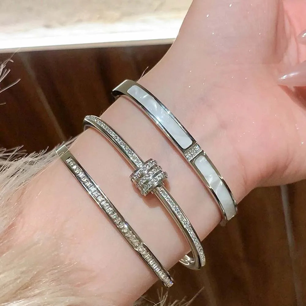 Titanium Steel Silver Bracelet with Zircon – Classic Stainless Steel Jewelry for Women
