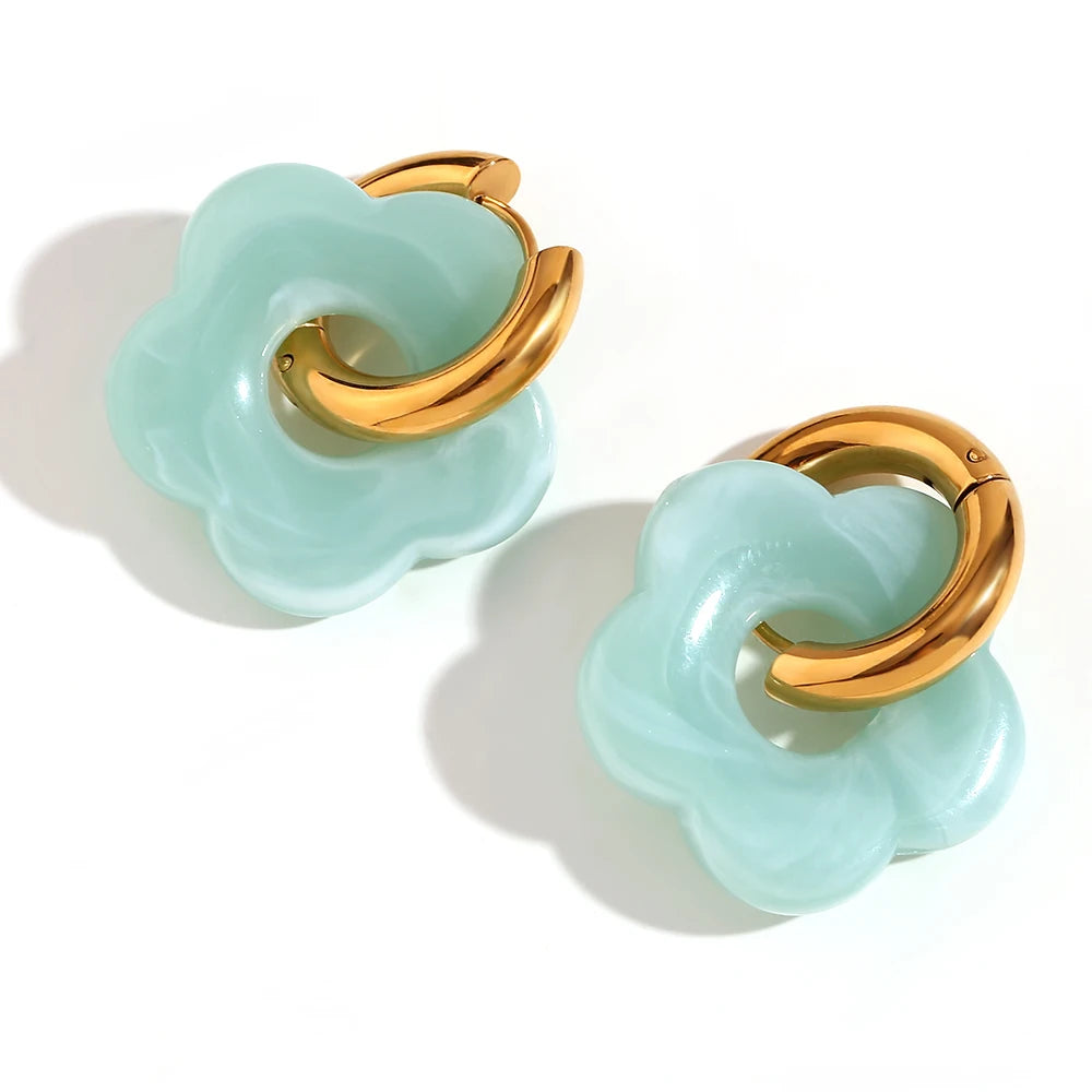 Colorful Resin Flower Hoop Earrings – Waterproof Stainless Steel Women’s Jewelry