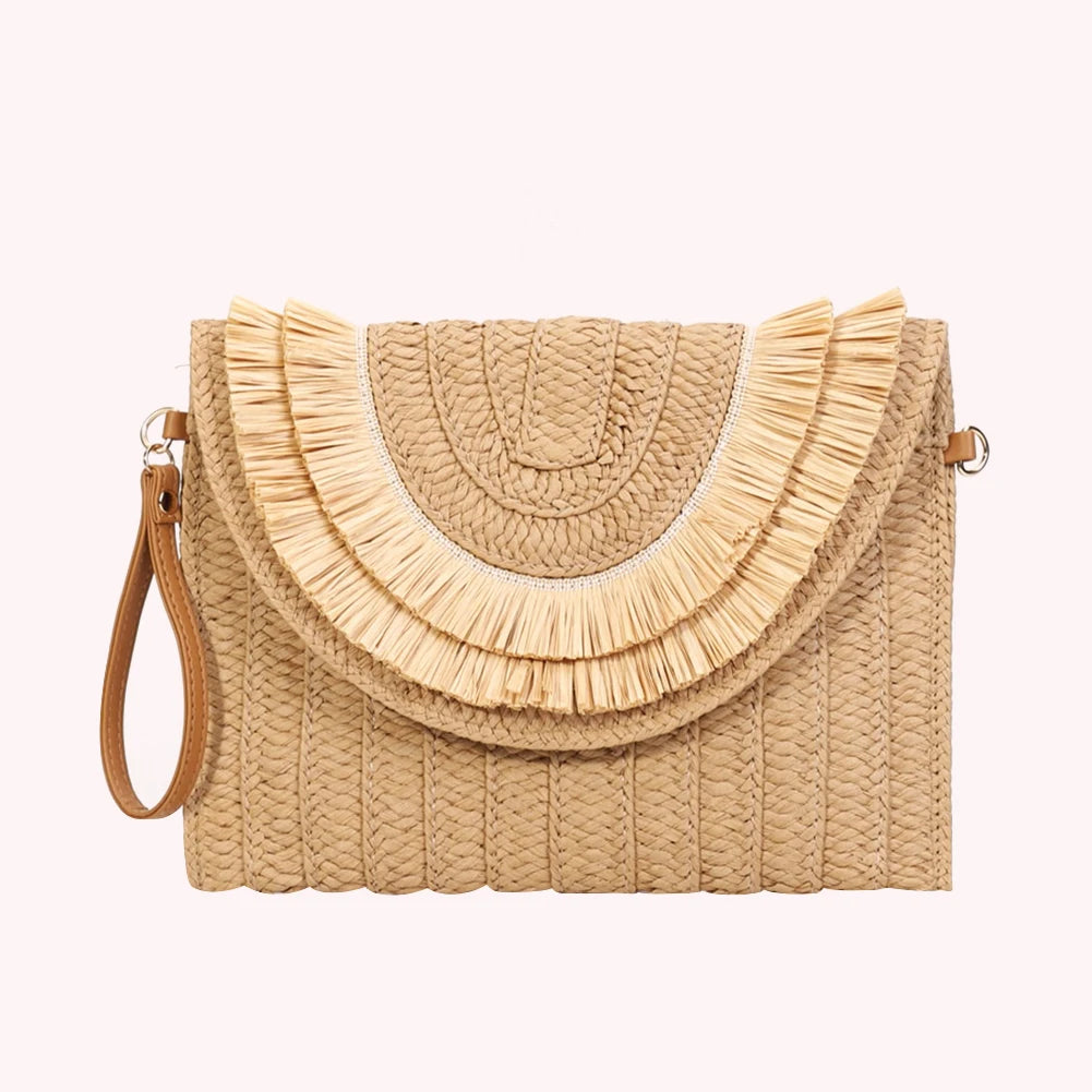 Raffia Straw Woven Wrist Clutch & Shoulder Crossbody Bag – Handmade Summer Beach Purse for Women