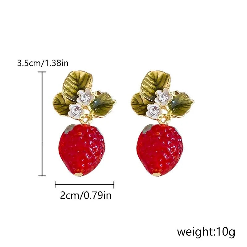 Red Strawberry Flower Drop Earrings – 3D Fruit Women’s Jewelry