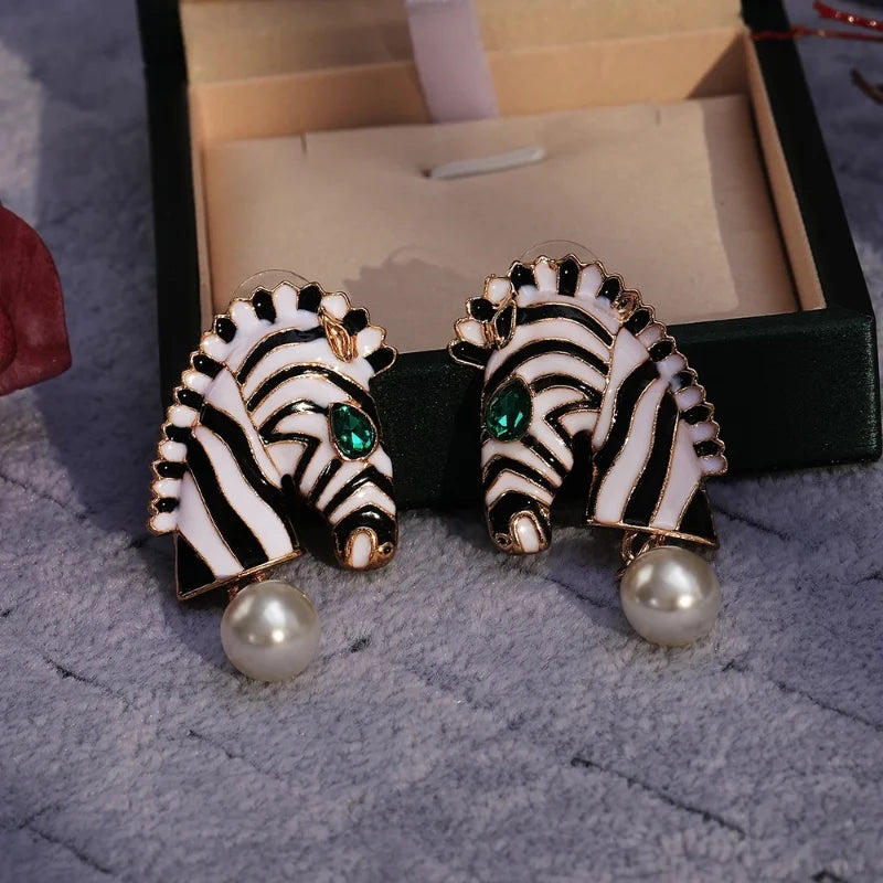Zebra Head Pearl Drop Earrings – Statement Animal Jewelry for Women