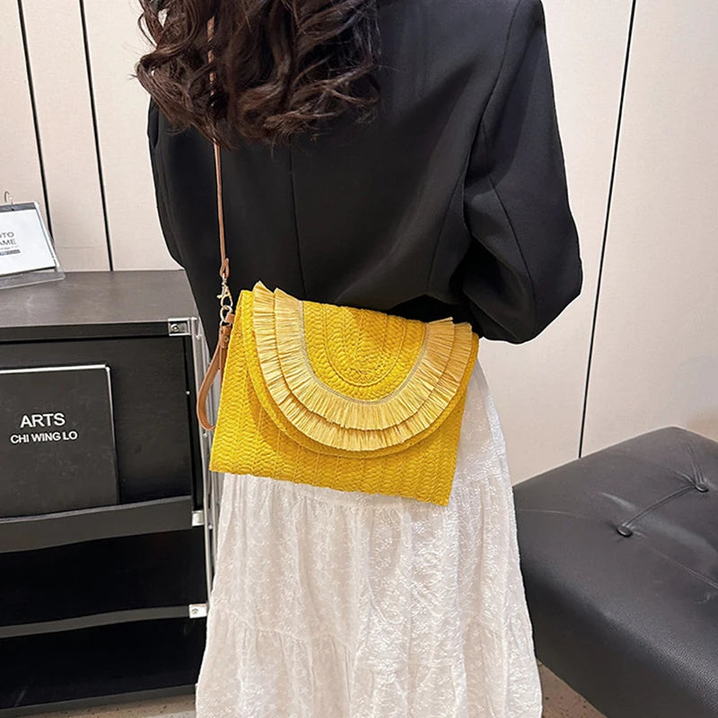 Raffia Straw Woven Wrist Clutch & Shoulder Crossbody Bag – Handmade Summer Beach Purse for Women