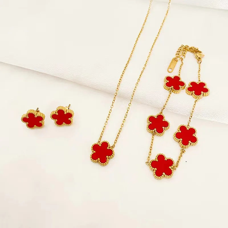 3-Piece Stainless Steel Plum Blossom Jewelry Set – Necklace, Bracelet & Earrings for Women
