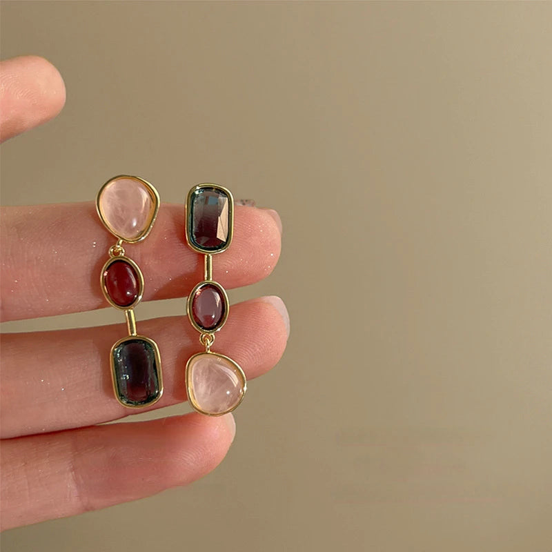 Asymmetric Colorful Resin Dangle Earrings – Retro Geometric Women’s Jewelry