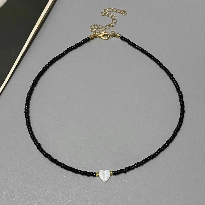 Nature Shell Love Heart Choker Necklace – Colorful Glass Beads Spring Summer Gift for Girls