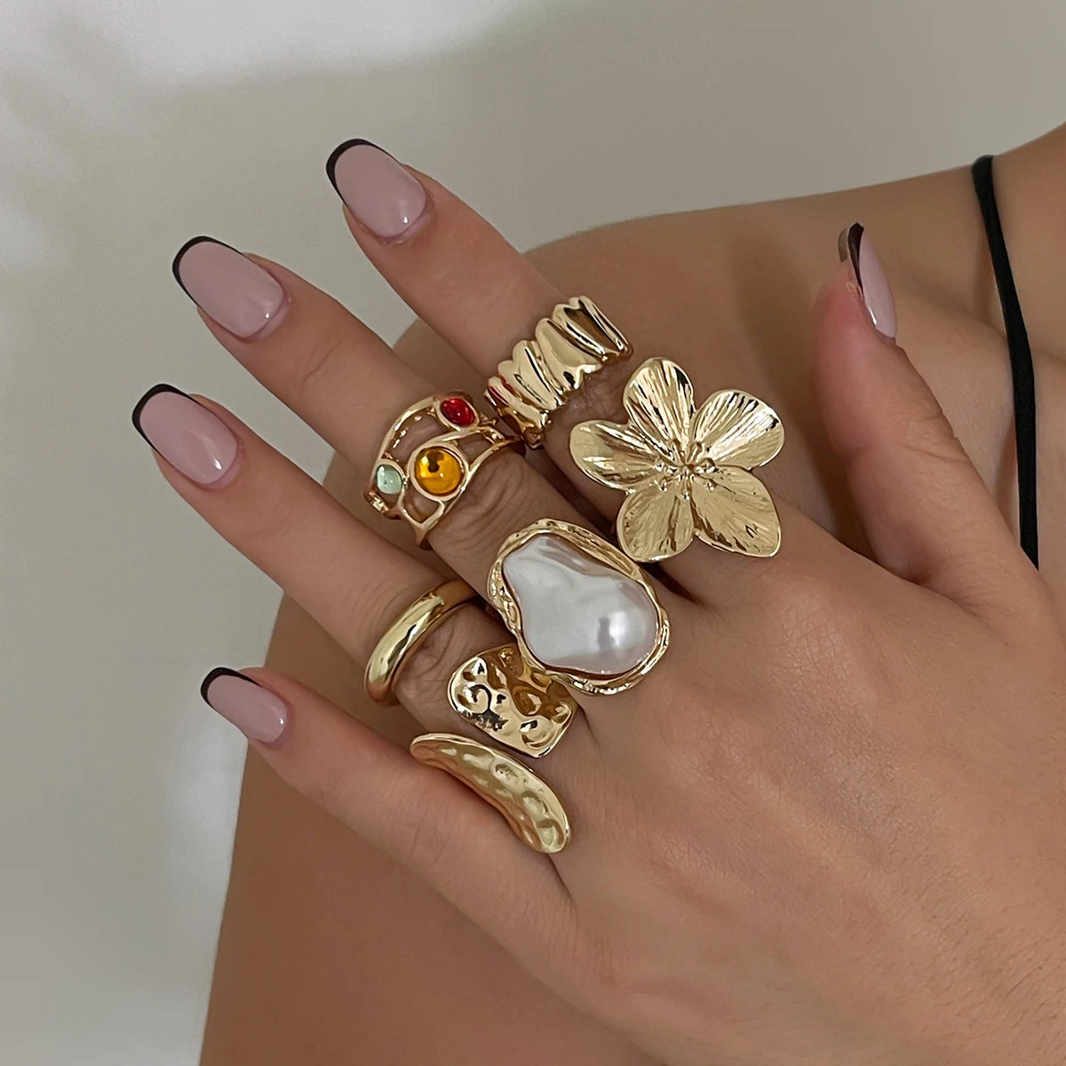 Ingemark 2025 Irregular Metal Flower Open Ring – Elegant Baroque Pearl Jewelry for Women