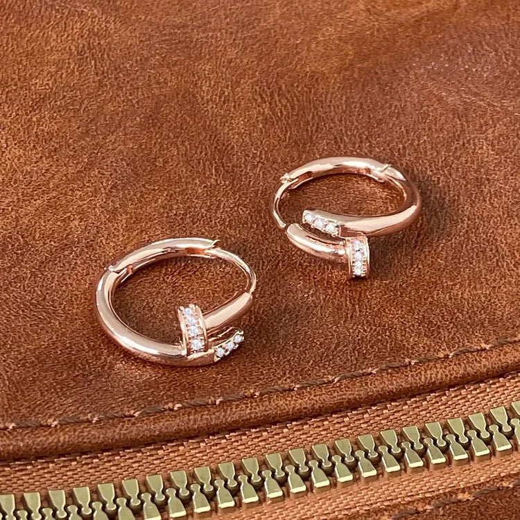 925 Sterling Silver Zircon Nail Hoop Earrings – Minimalist Trendy Jewelry for Women