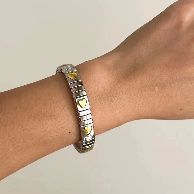Loe Titanium Steel Gold Plated Heart Elastic Bracelet – Punk Hip Hop Jewelry for Women