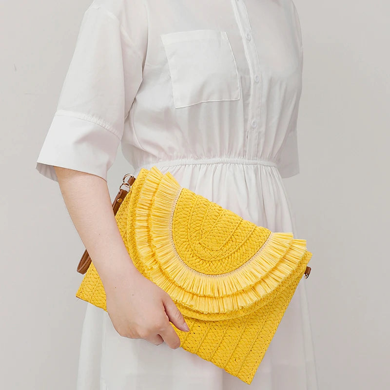 Raffia Straw Woven Wrist Clutch & Shoulder Crossbody Bag – Handmade Summer Beach Purse for Women