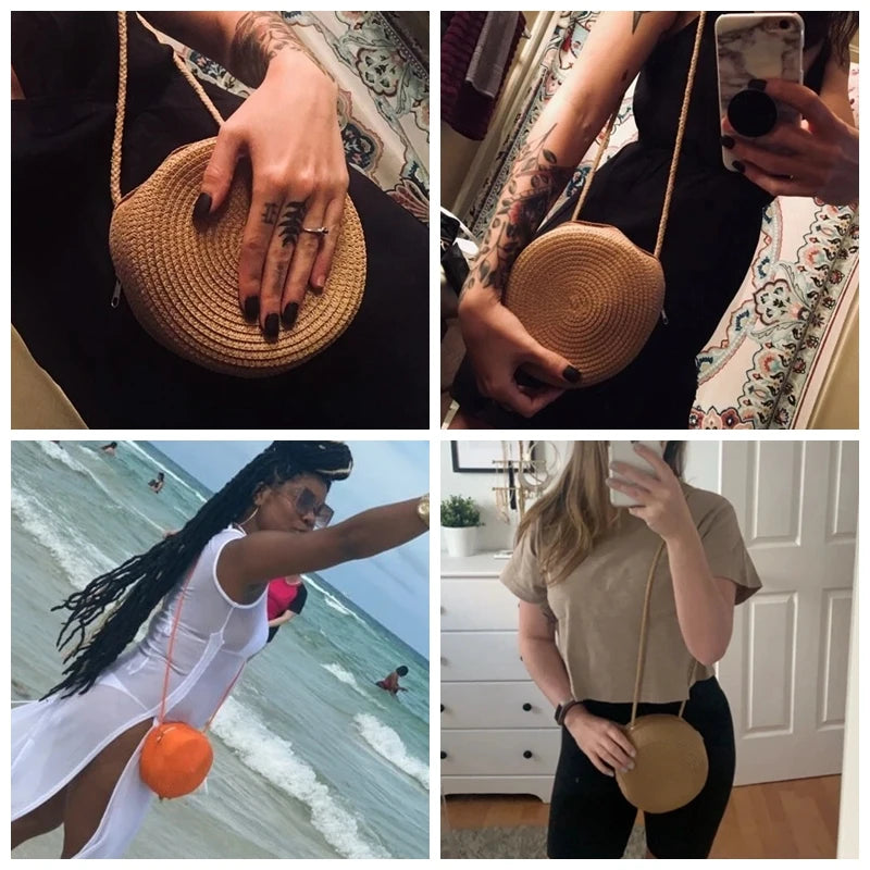 Round Straw Woven Beach Crossbody Bag – Cute Rattan Shoulder Handbag for Women