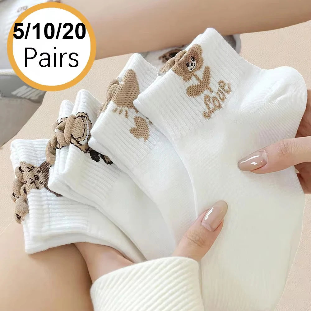 Cartoon Teddy Bear Ankle Socks – 5/10/20 Pairs Breathable & Cute