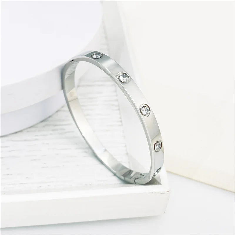 2023 Gold Zircon Cross Nail Bracelet – Stainless Steel Bangle for Women