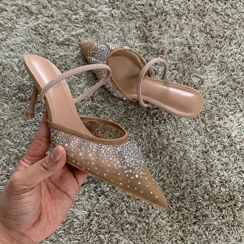 Rhinestone Mesh High Heels – Elegant Summer Slingback Pointed Toe Party Pumps for Women