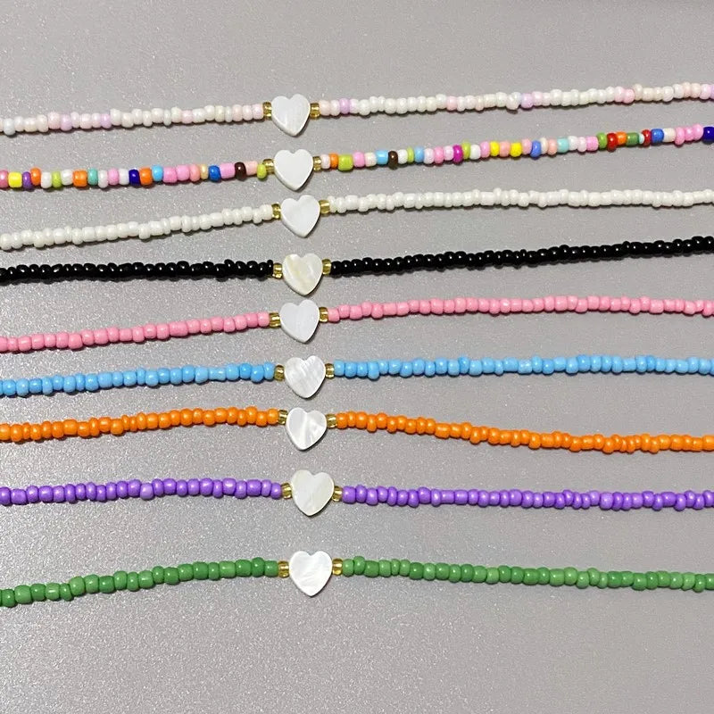 Nature Shell Love Heart Choker Necklace – Colorful Glass Beads Spring Summer Gift for Girls