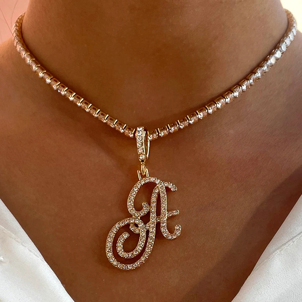 Cursive Letter Name Necklace – CZ Alphabet Pendant Hip Hop Jewelry
