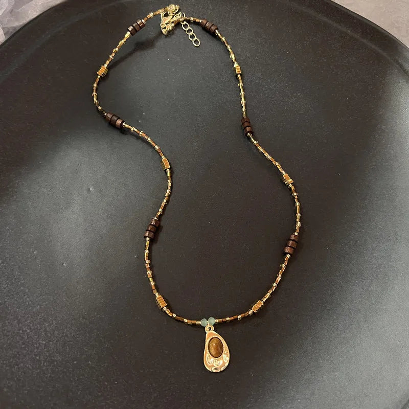 Vintage Brown Stone Pendant Necklace – Long Leather Rope Women’s Jewelry