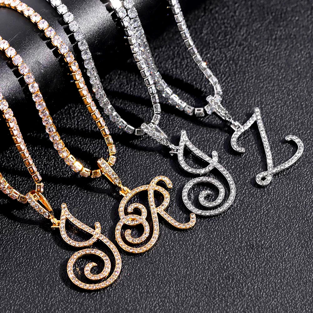 Cursive Letter Name Necklace – CZ Alphabet Pendant Hip Hop Jewelry