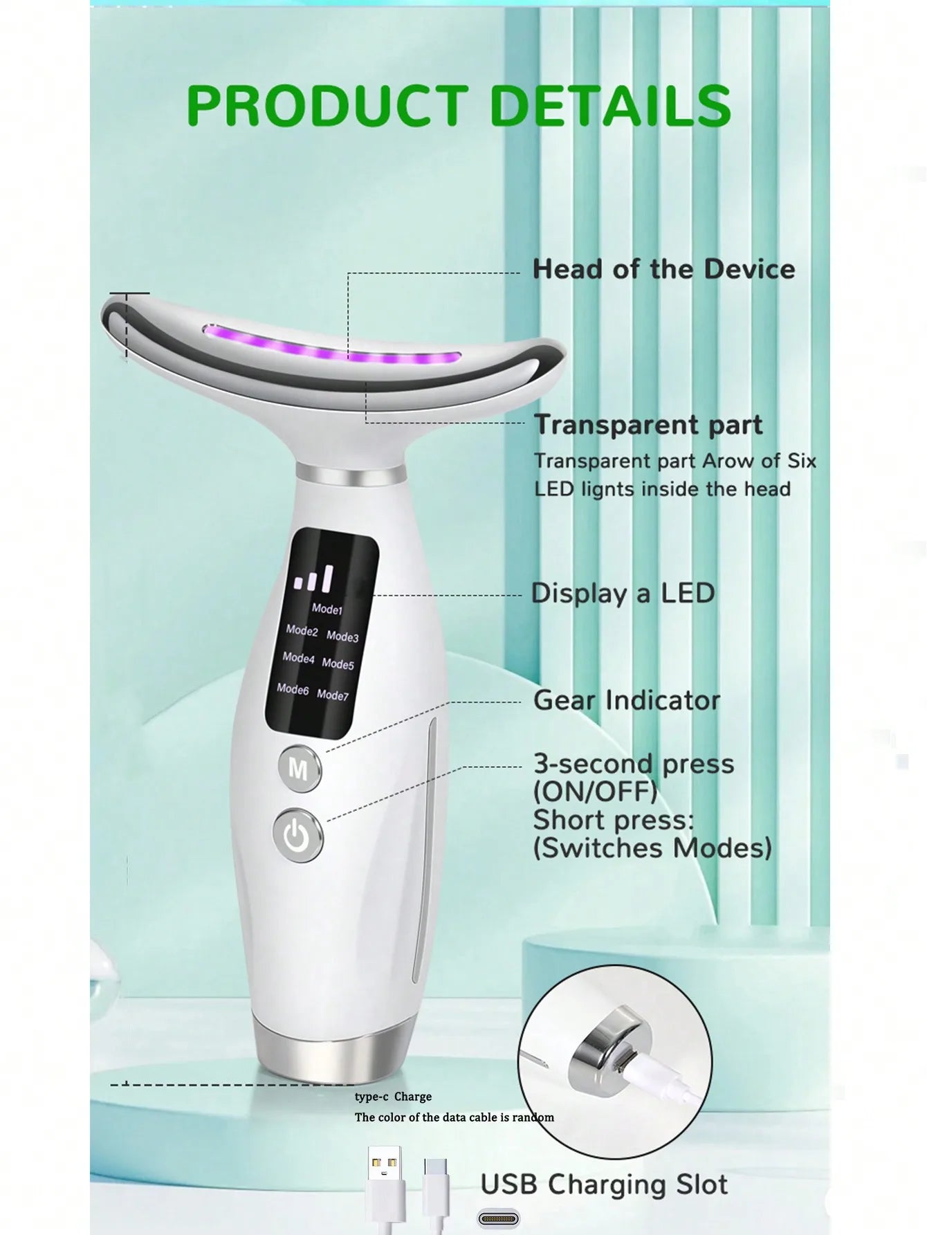 Colour Light Face & Neck Beauty Instrument – 7 Modes, 7 Speed Settings, Curved Hand Grip for Skin Rejuvenation & Lifting
