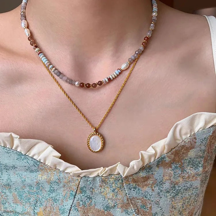 Handmade Woven Natural Stone & Pearl Pendant Necklace – Luxurious Women’s Jewelry