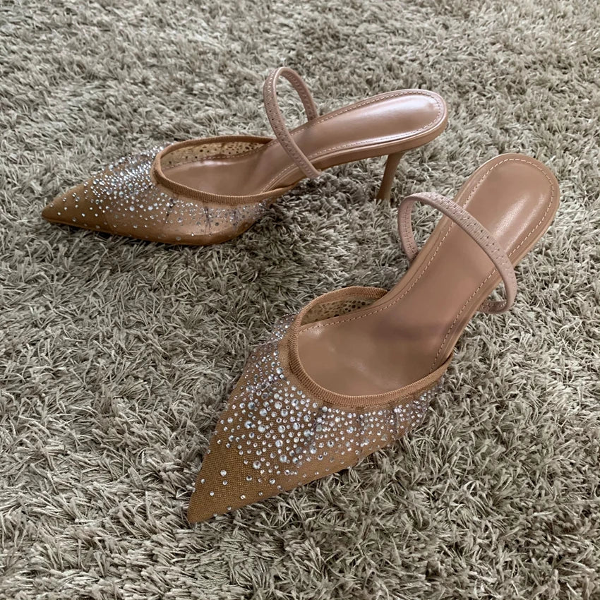 Rhinestone Mesh High Heels – Elegant Summer Slingback Pointed Toe Party Pumps for Women