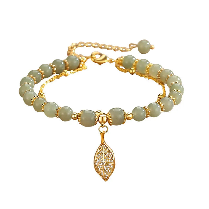 Chinese Style Green Jade Double Chain Bracelet – Gold Leaf W rist Bangle for Women