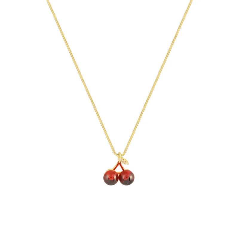 Gold Stainless Steel Wine Red Cherry Pendant Necklace – Fashion Jewelry for Women