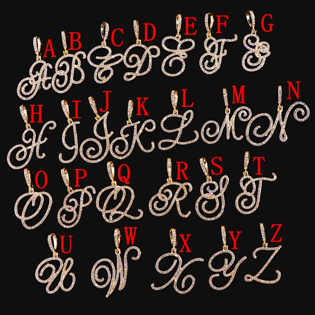 Cursive Letter Name Necklace – CZ Alphabet Pendant Hip Hop Jewelry
