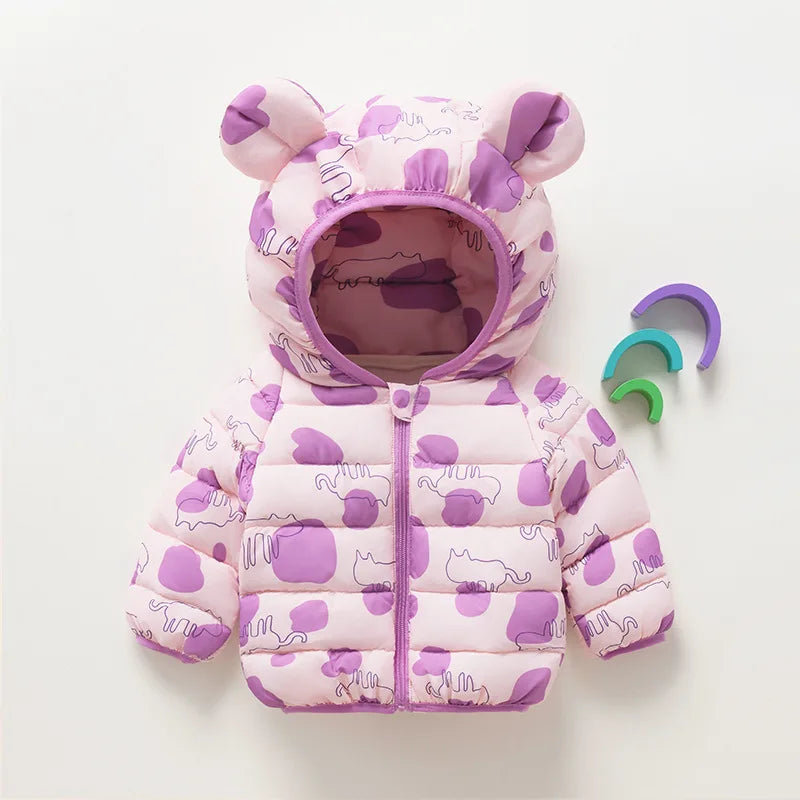 Kids Winter Hooded Down Jacket – Baby Boys & Girls Lightweight Cartoon Print Warm Coat