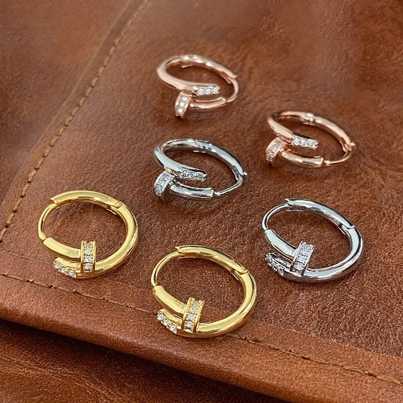 925 Sterling Silver Zircon Nail Hoop Earrings – Minimalist Trendy Jewelry for Women