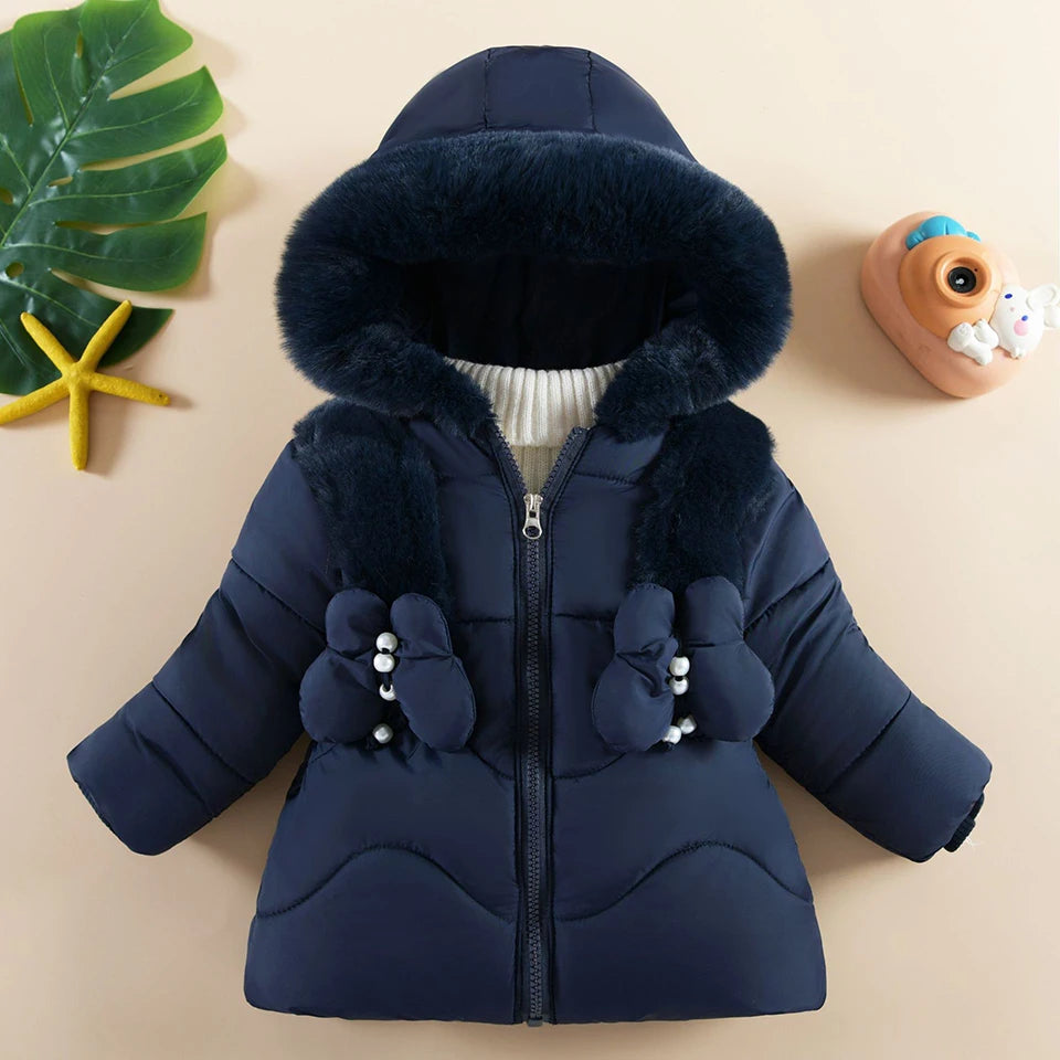 Winter Baby Girls Hooded Jacket – Warm Windproof Zipper Outerwear 1–4Y