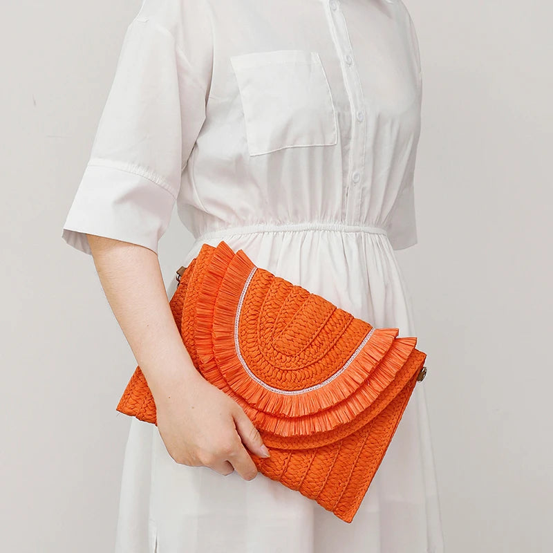 Raffia Straw Woven Wrist Clutch & Shoulder Crossbody Bag – Handmade Summer Beach Purse for Women