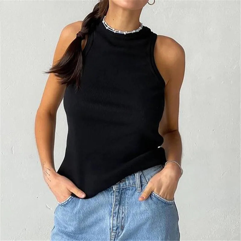 Ribbed Knit Tank Top – Off-Shoulder Summer Basic Vest