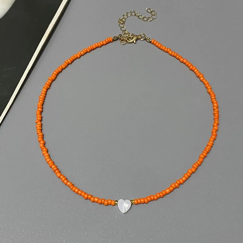 Nature Shell Love Heart Choker Necklace – Colorful Glass Beads Spring Summer Gift for Girls