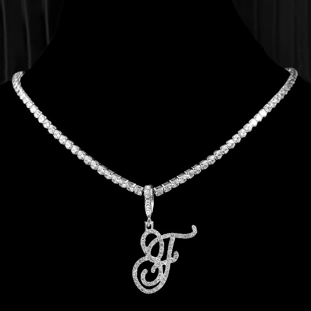 Cursive Letter Name Necklace – CZ Alphabet Pendant Hip Hop Jewelry