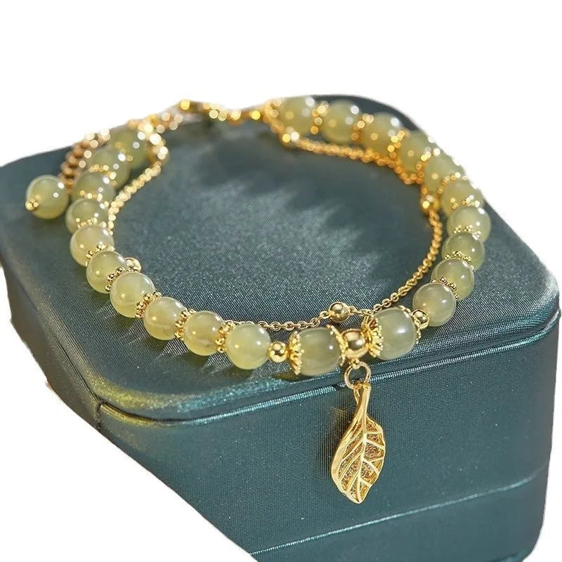 Chinese Style Green Jade Double Chain Bracelet – Gold Leaf W rist Bangle for Women
