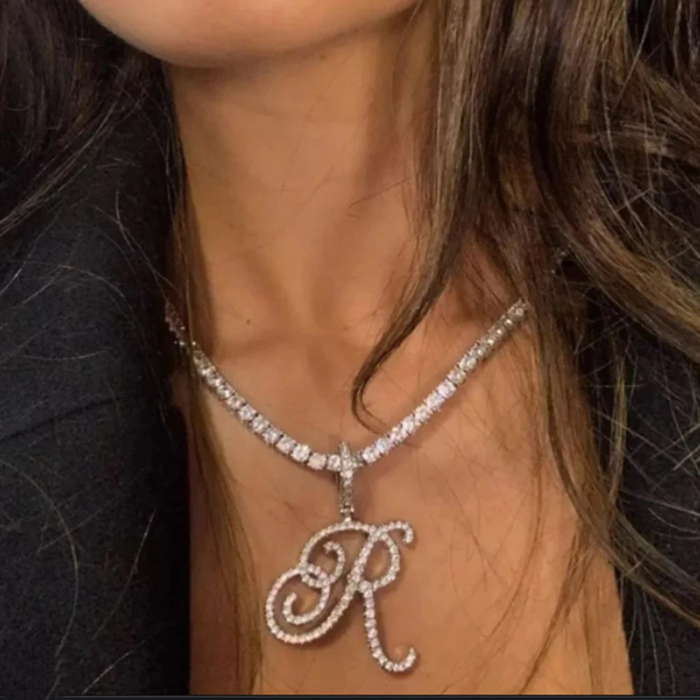 Cursive Letter Name Necklace – CZ Alphabet Pendant Hip Hop Jewelry
