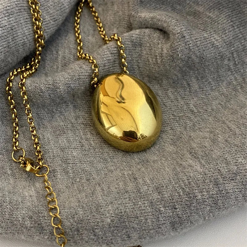 Large Geometric Oval Water Drop Pendant Necklace – Stainless Steel Long Sweater Chain for Women