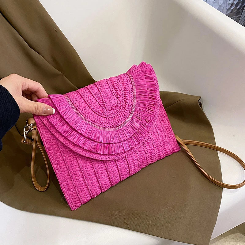 Raffia Straw Woven Wrist Clutch & Shoulder Crossbody Bag – Handmade Summer Beach Purse for Women