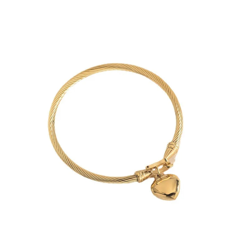 18K Gold Stainless Steel Heart Charm Bangle – Unisex Bracelet