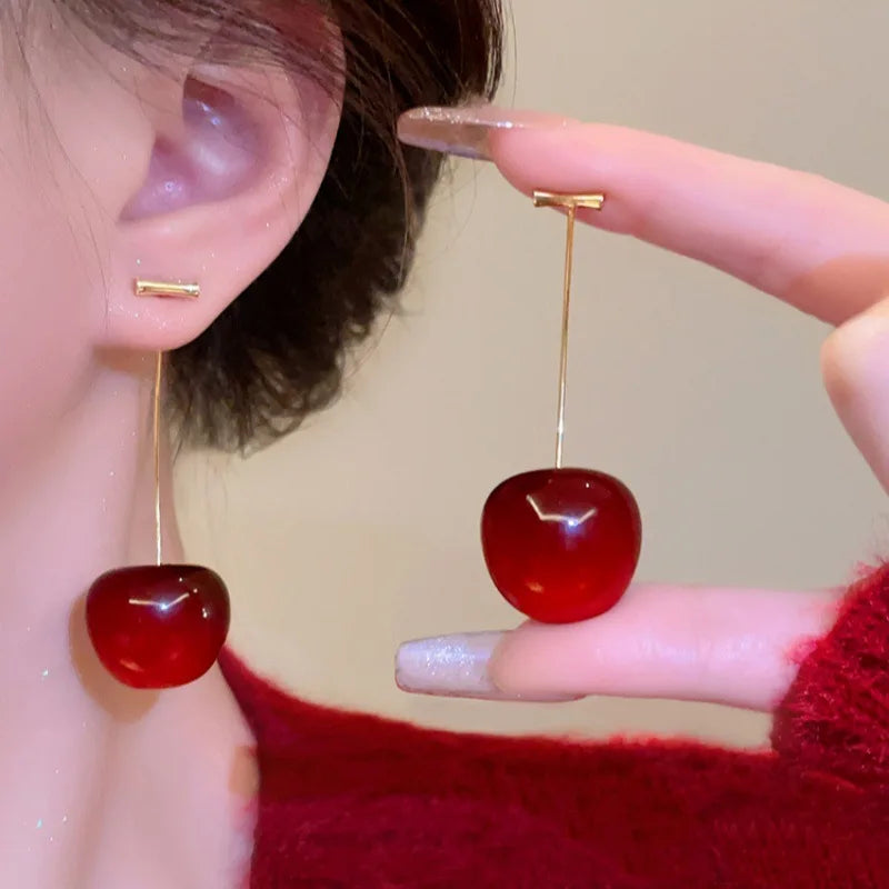 Red Cherry Drop Earrings – Delicate Women’s Korean Fashion Jewelry