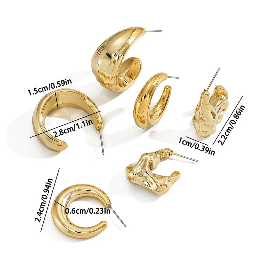 6Pcs Gold Plated C-Shape Hoop Earrings Set – Vintage Geometry Women’s Jewelry